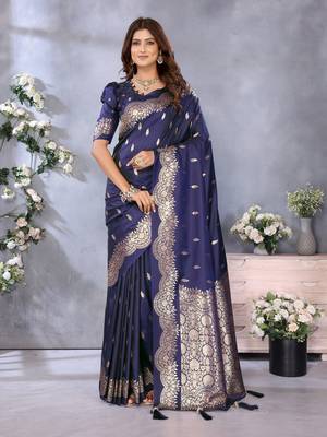 Blue faux banarasi silk blend jacquard weaving saree 1