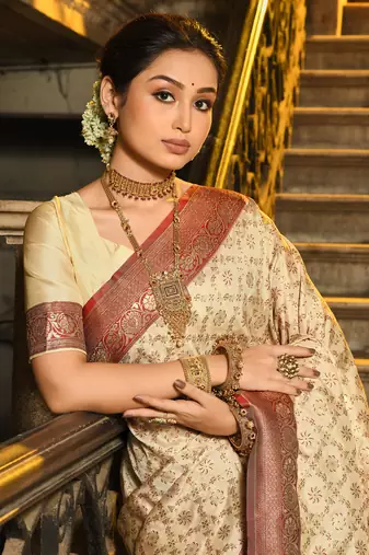 Maroon faux banarasi silk blend jacquard woven saree