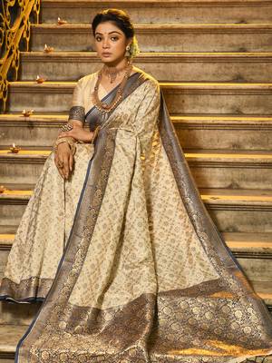 Navy blue faux banarasi silk blend jacquard woven saree 2