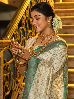 Sea green faux banarasi silk blend jacquard woven saree 2