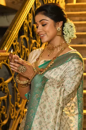 Sea green faux banarasi silk blend jacquard woven saree