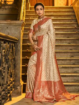 Red faux banarasi silk blend jacquard woven saree 1