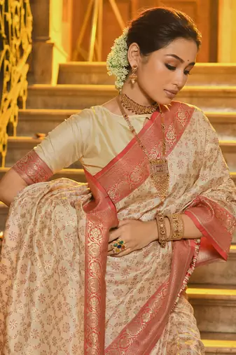 Red faux banarasi silk blend jacquard woven saree