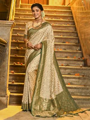Dark green faux banarasi silk blend jacquard woven saree 1