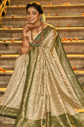 Dark green faux banarasi silk blend jacquard woven saree