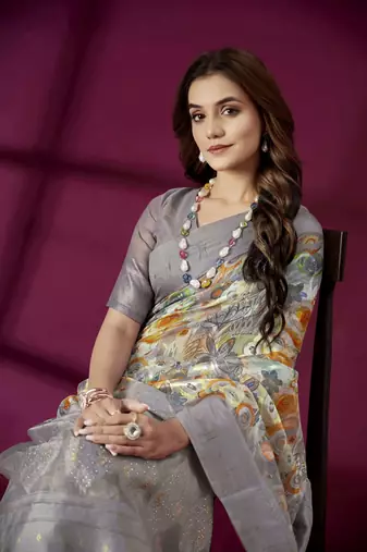 Lavender silk blend printed jacquard saree
