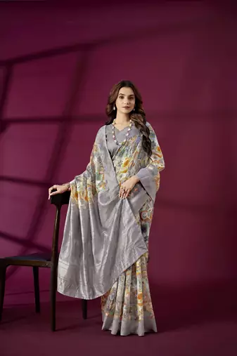 Lavender silk blend printed jacquard saree