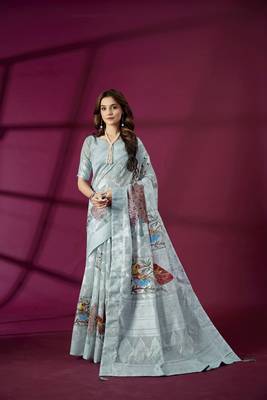 Sky blue silk blend printed jacquard saree 1