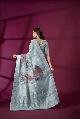 Sky blue silk blend printed jacquard saree 2