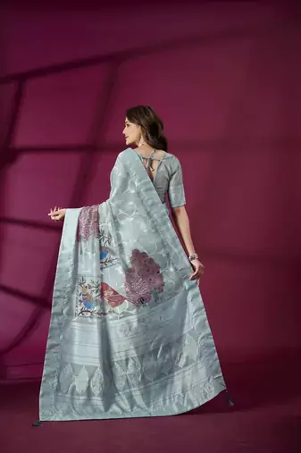 Sky blue silk blend printed jacquard saree