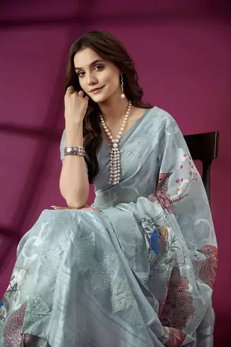 Sky blue silk blend printed jacquard saree