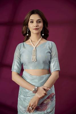 Sky blue silk blend printed jacquard saree 4