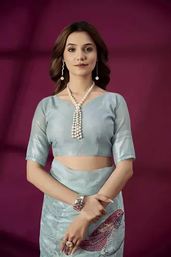 Sky blue silk blend printed jacquard saree