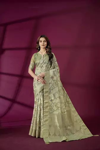 Pista silk blend printed jacquard saree