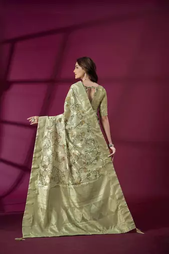 Pista silk blend printed jacquard saree