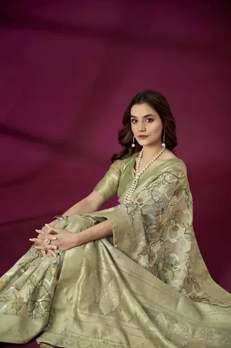 Pista silk blend printed jacquard saree