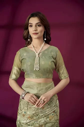 Pista silk blend printed jacquard saree