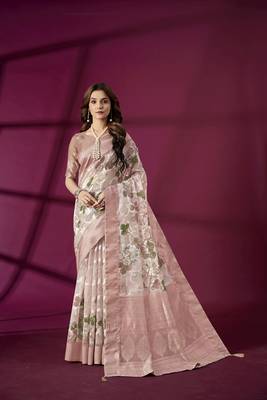 Pink silk blend printed jacquard saree 1