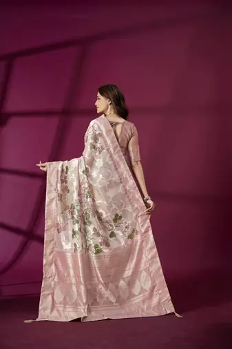 Pink silk blend printed jacquard saree