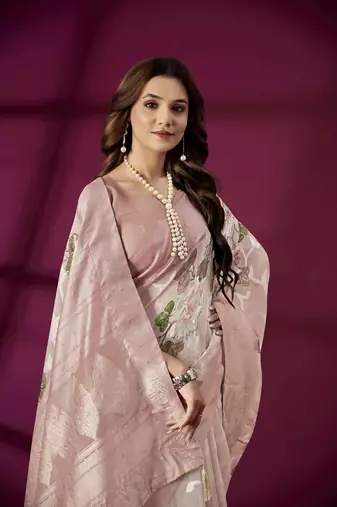 Pink silk blend printed jacquard saree