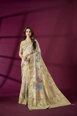 Beige silk blend printed jacquard saree 1