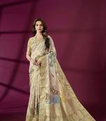 Beige silk blend printed jacquard saree