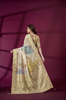 Beige silk blend printed jacquard saree 2