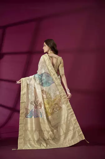 Beige silk blend printed jacquard saree