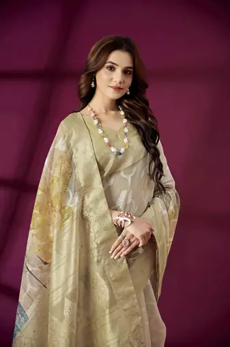 Beige silk blend printed jacquard saree