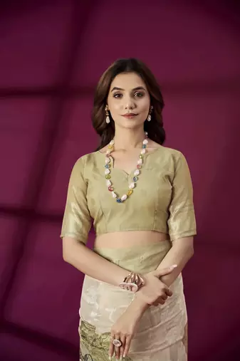 Beige silk blend printed jacquard saree