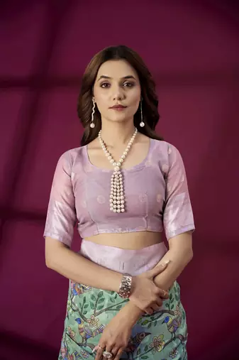 Purple silk blend printed jacquard saree
