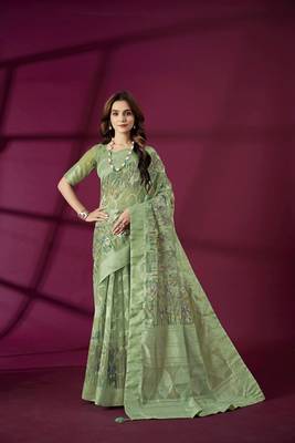 Green silk blend printed jacquard saree 1