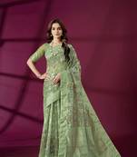 Green silk blend printed jacquard saree