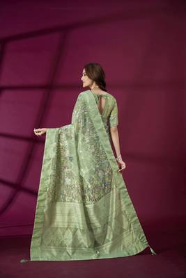Green silk blend printed jacquard saree 2