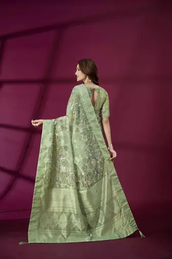 Green silk blend printed jacquard saree