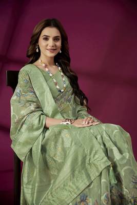 Green silk blend printed jacquard saree 3