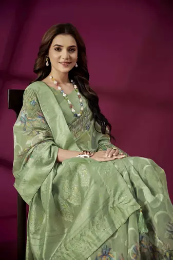 Green silk blend printed jacquard saree
