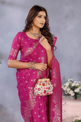 Pink faux banarasi silk blend jacquard weaving saree
