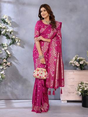 Pink faux banarasi silk blend jacquard weaving saree 5