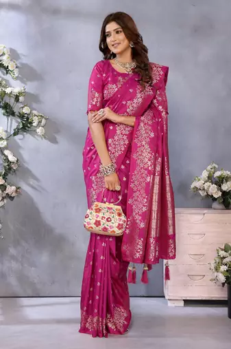 Pink faux banarasi silk blend jacquard weaving saree