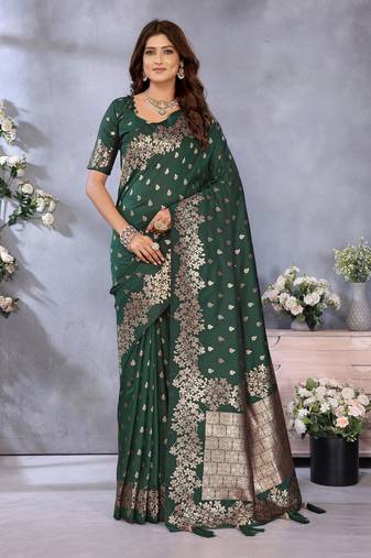 Green banarasi silk blend jacquard weaving saree