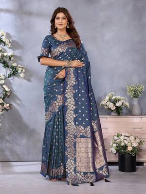 Teal faux banarasi silk blend jacquard weaving saree 1