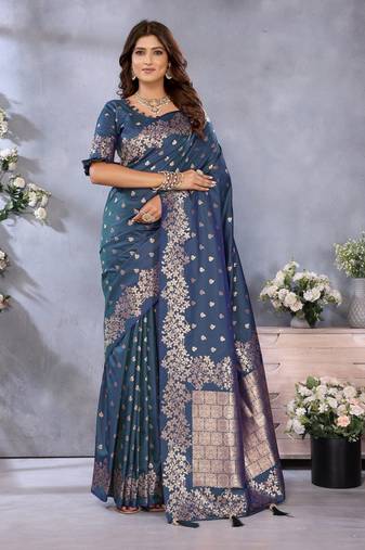 Teal banarasi silk blend jacquard weaving saree