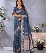 Teal banarasi silk blend jacquard weaving saree