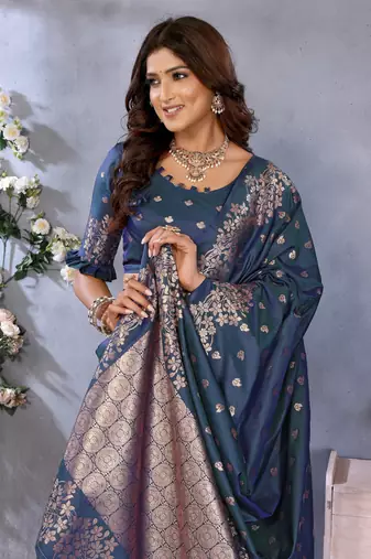 Teal faux banarasi silk blend jacquard weaving saree