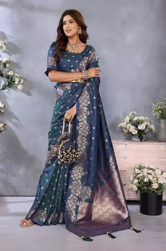 Teal faux banarasi silk blend jacquard weaving saree