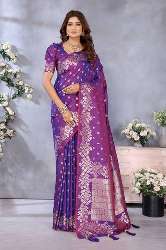 Purple banarasi silk blend jacquard weaving saree