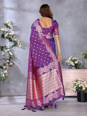 Purple faux banarasi silk blend jacquard weaving saree 3