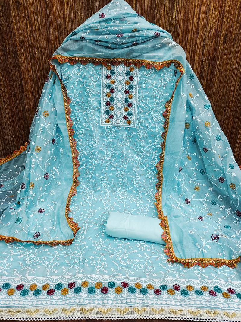 floral embroidered unstitched dress material with multicolor dupatta