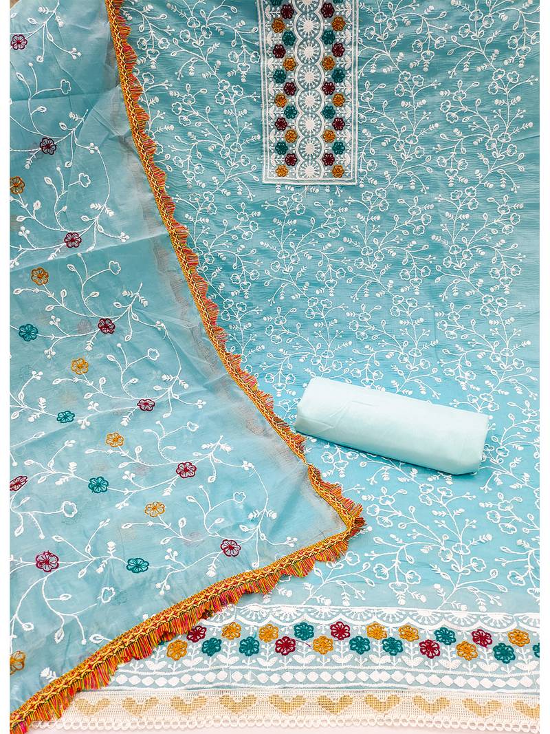 floral embroidered unstitched dress material with multicolor dupatta